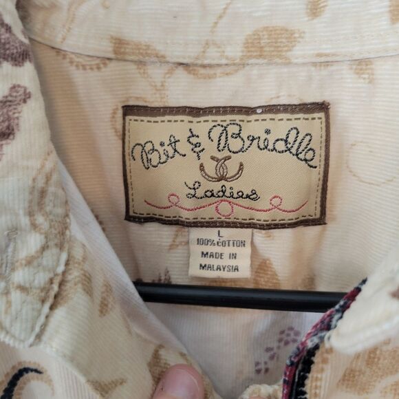 Bit & Bridle Western Paisley Horse Print Corduroy Button Up Top Size Large - Picture 4 of 4